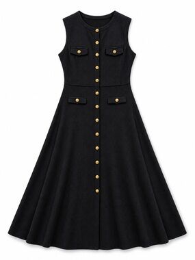 SHEIN Black Sleeveless A-Line Dress with Gold Buttons